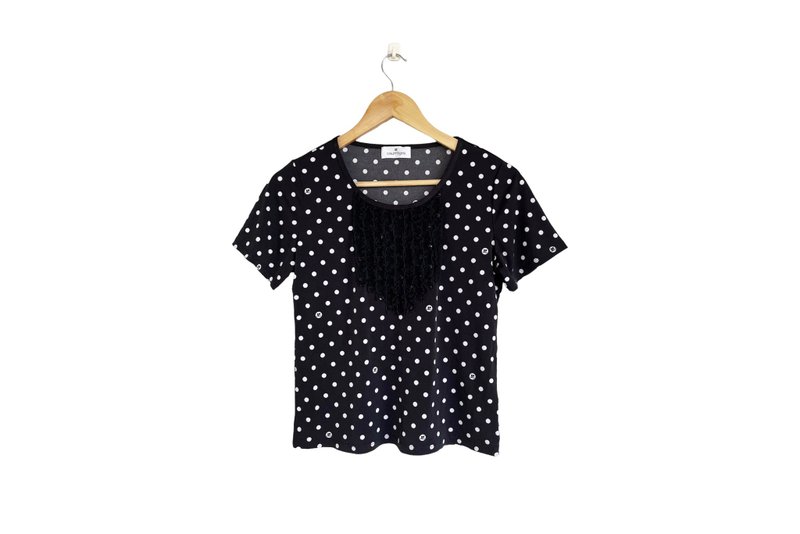 90s COURRÈGES Black with White polkadot slinky Short sleeve TSHIRT ruffle detail - 女装 T 恤 - 聚酯纤维 黑色