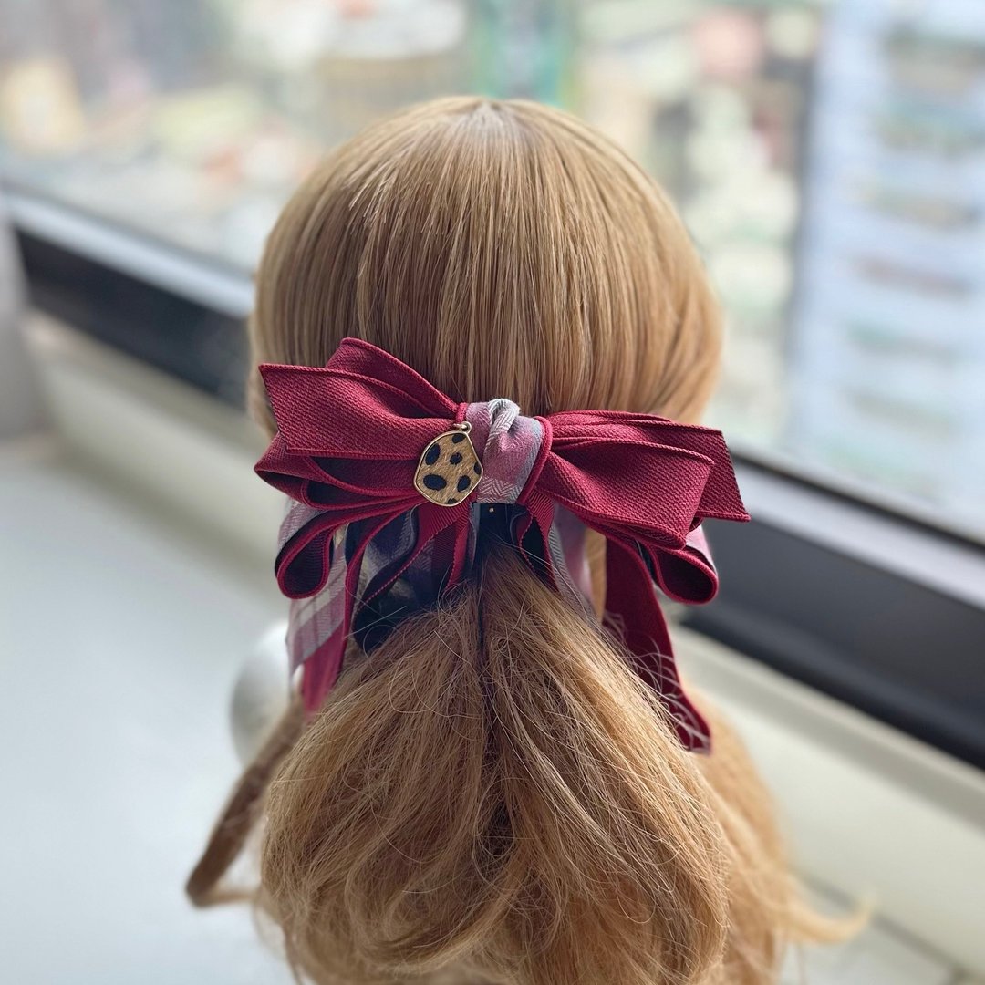 立体拷边格纹蝴蝶结相交夹香蕉夹仙女夹发夹-酒红色 - 发饰 - 其他材质 红色
