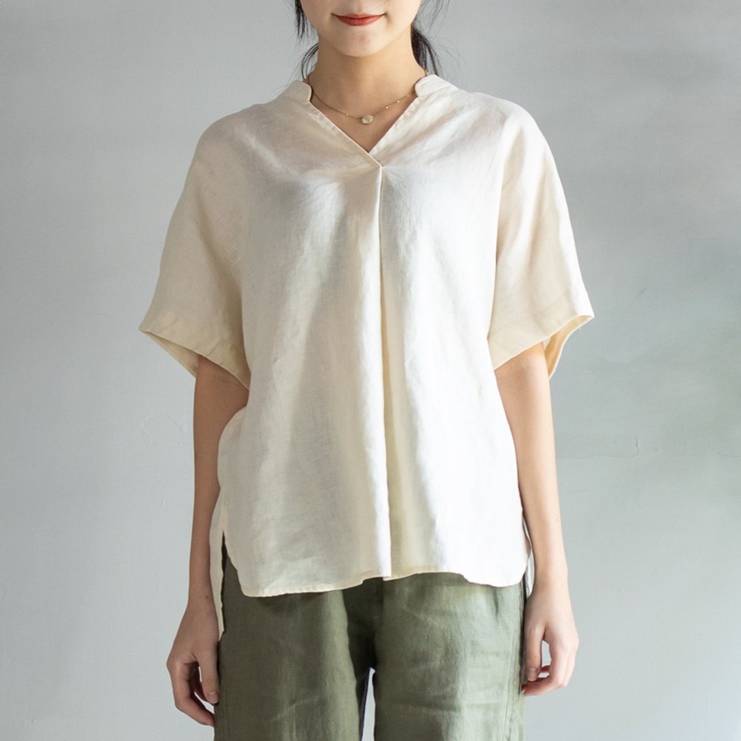 亲肤舒适亚麻V领短衫 白色 F - 女装衬衫 - 棉 白色