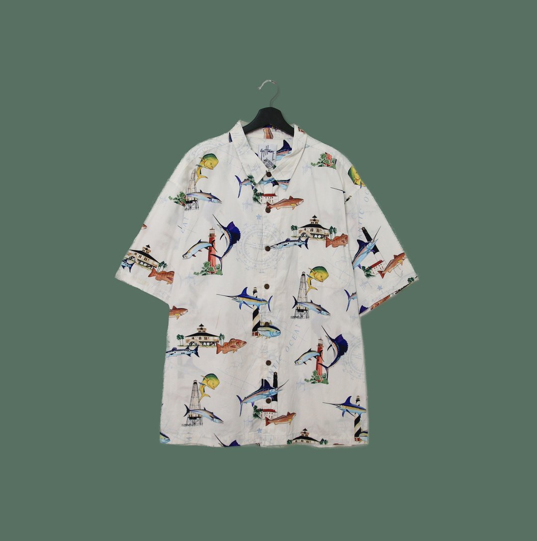 Back to Green- 鱼图腾短袖衬衫 缤纷 鱼群与建筑 vintage shirt - 男装衬衫 - 棉 