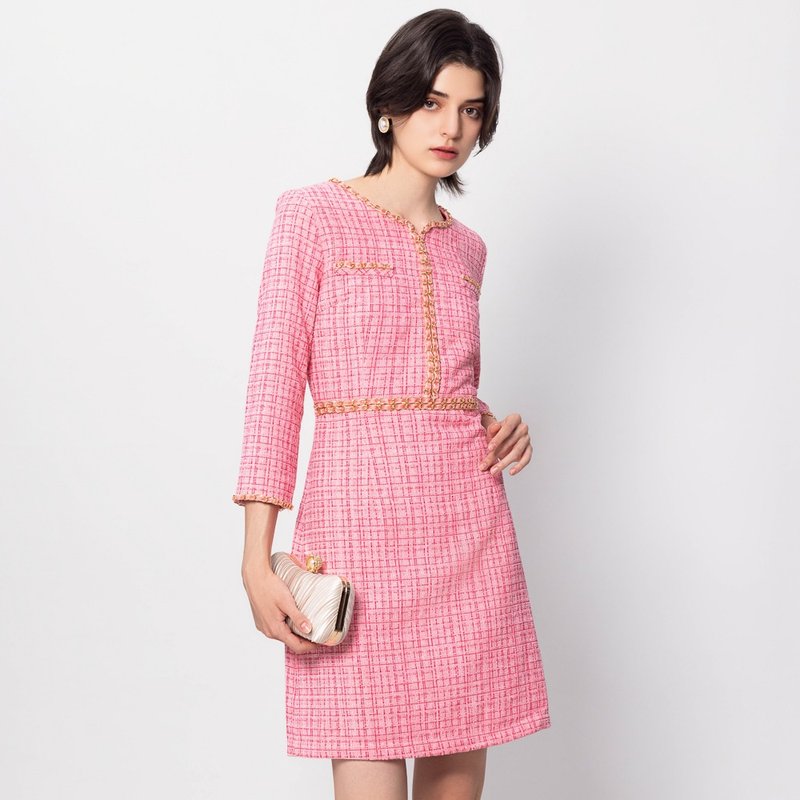 【MEDUSA】粉红绒感毛小香风洋装(M-XL) | 小香风毛洋装 - 洋装/连衣裙 - 聚酯纤维 粉红色