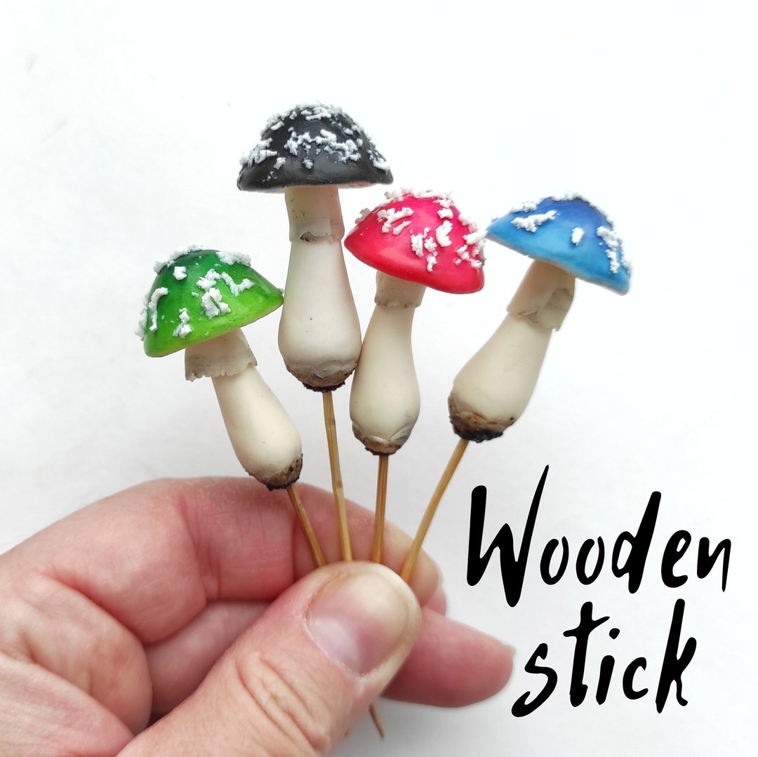 Mushrooms on wooden sticks - Tiny mushrooms - Miniature garden - Magic mushroom - 植栽/盆栽 - 粘土 