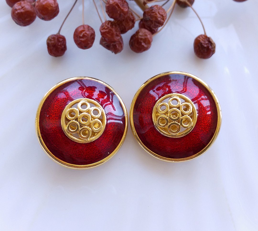 【西洋古董饰品 】细致 经典款式 红珐琅  大耳环 夹式耳环 - 耳环/耳夹 - 其他金属 金色