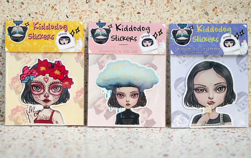 Kiddodog Sticker - Set of 3 - cute girl Character - girl stickers - sugar skull - rain - ice cream. - 贴纸 - 纸 