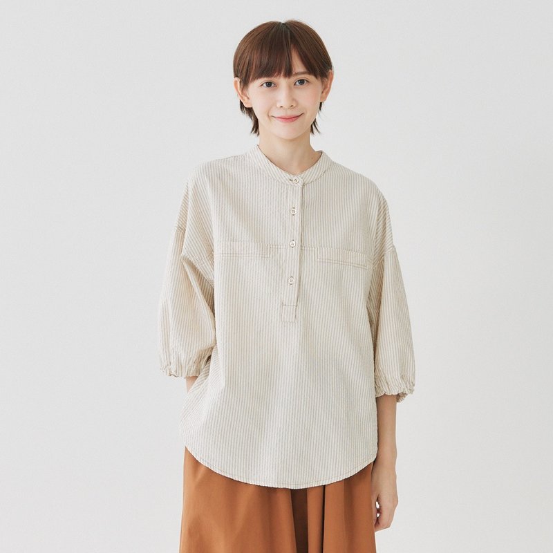 【Simply Yours】条纹皱缩上衣 咖啡F - 女装上衣 - 棉．麻 卡其色