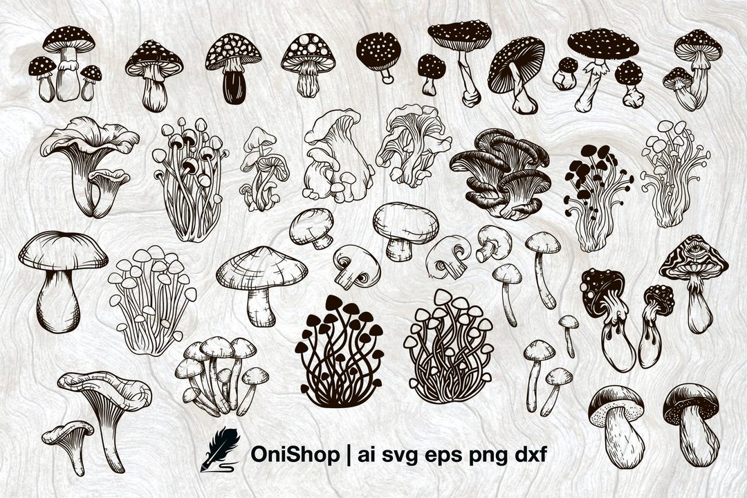 Mushroom SVG bundle, 45 mushrooms, wall decor, engraving clipart, ai eps dxf png - 图文模板设计 - 其他材质 