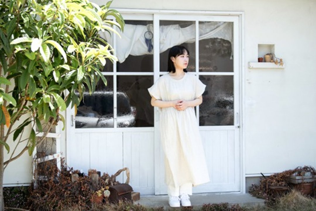 Linen & Organic cotton gauze Loose short-sleeved long dress - 洋装/连衣裙 - 其他材质 