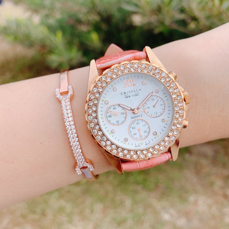 彩虹闪烁锆石真皮石英手表 - 女表 - 其他金属 多色