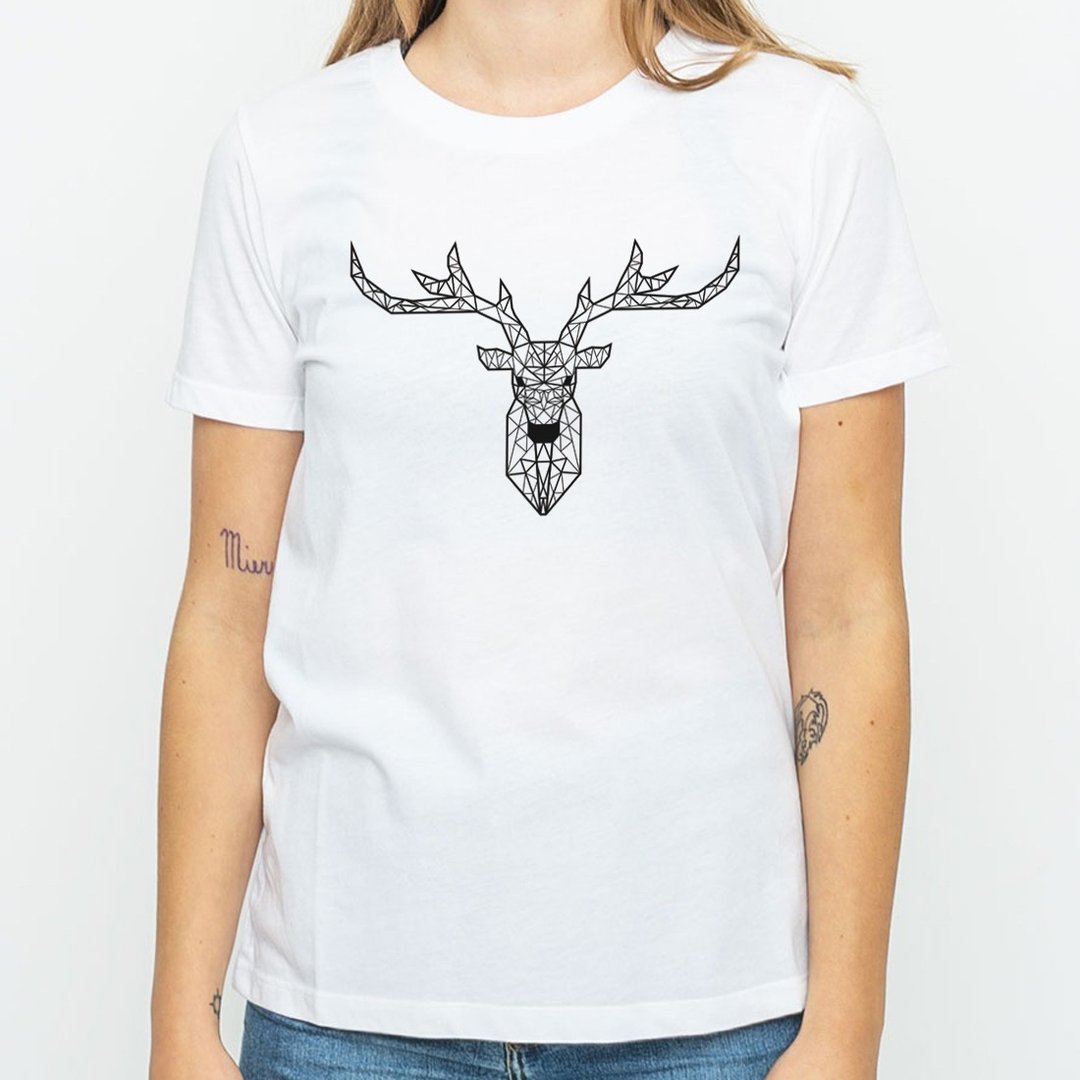Deer Geometric 男女短袖T恤 白色 几何 鹿 宇宙 设计 自创 品牌 银河系 时髦 圆 三角形 - 女装 T 恤 - 棉 白色