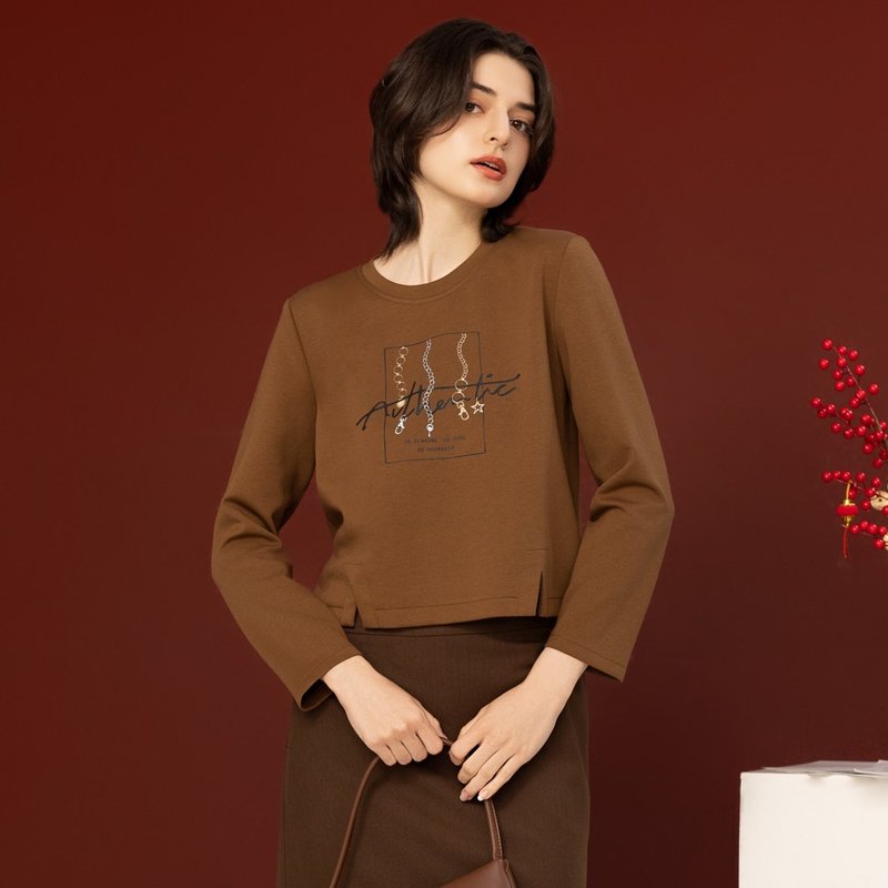 【MEDUSA】下摆小开衩链条印图T恤(M-XL) | 女休闲上衣 女长袖T恤 - 女装 T 恤 - 棉 咖啡色