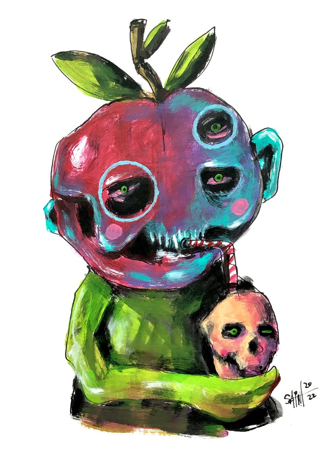 Apple Zombie painting original art, Mutant Horror. Acrylic, paper - 海报/装饰画/版画 - 纸 多色