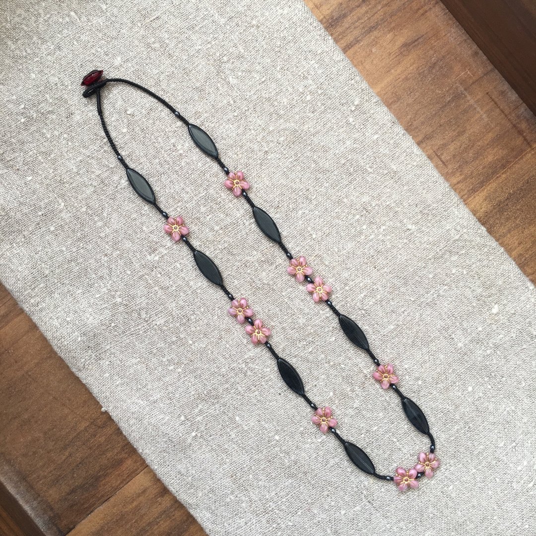 粉红色金绘勿忘我花项链 Forget-me-not flower glass beads necklace - 项链 - 玻璃 粉红色