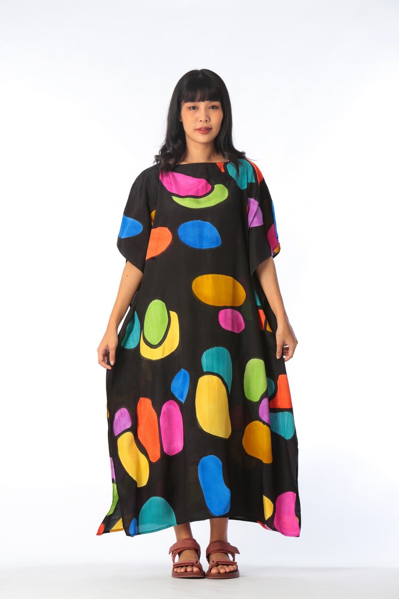 Hand Painted Cotton Silk Kaftan for Summer Resort Vacation F - 洋装/连衣裙 - 棉 黑色