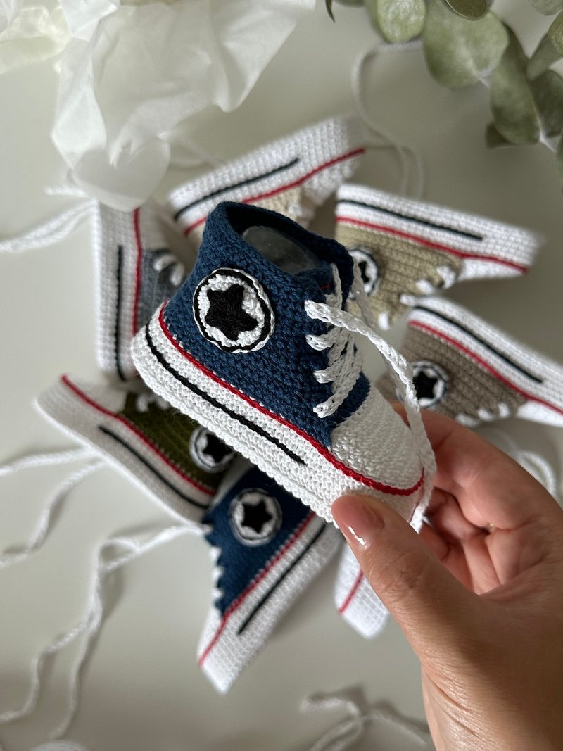 婴儿短靴 Converse 钩针男女钩针婴儿短靴鞋 新生儿洗澡礼物 - 婴儿鞋 - 棉．麻 蓝色