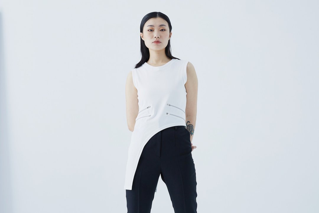 不对称双拉链无袖上衣_白 - 女装上衣 - 棉 白色