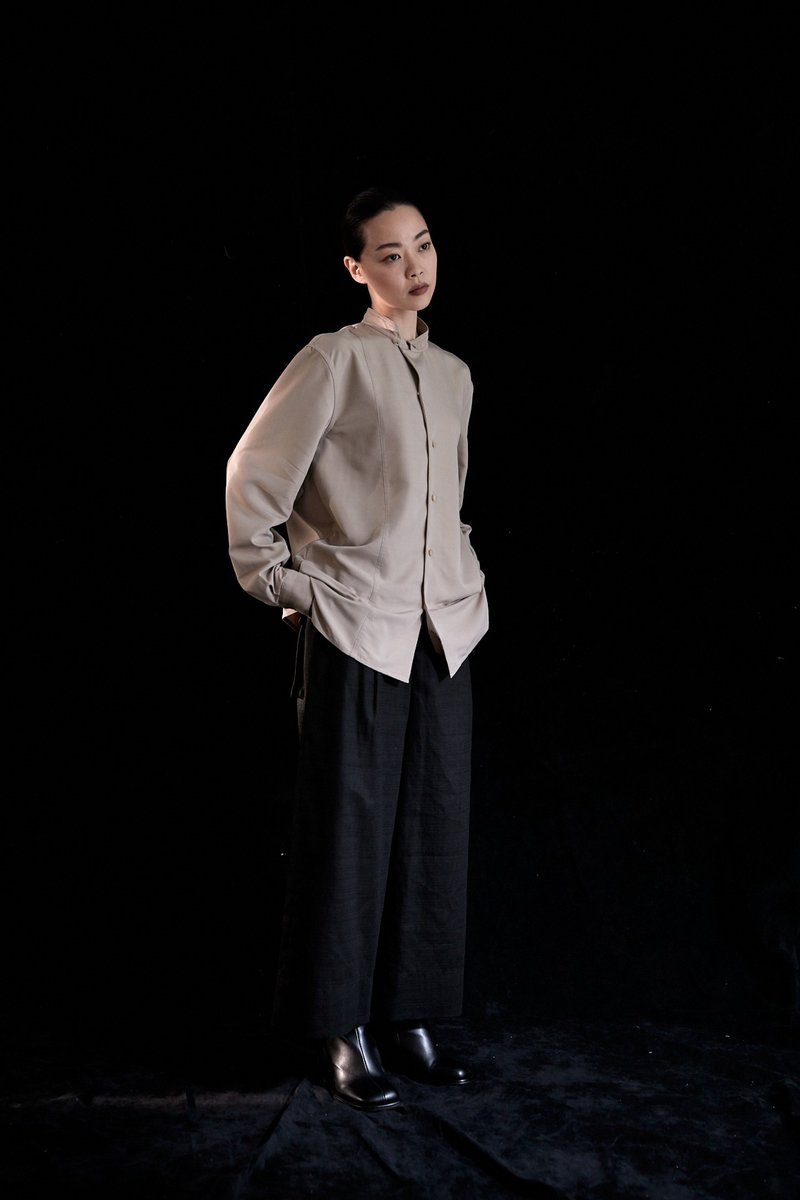 半斜门襟立领衬衫 - 男装衬衫 - 聚酯纤维 白色