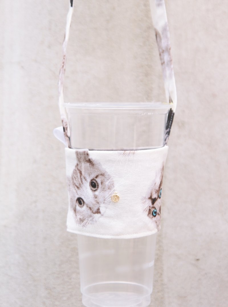 猫猫 黑白 环保提袋 手工饮料提袋 定制化  专属你的英文吊牌 - 随行杯提袋/水壶袋 - 棉．麻 白色