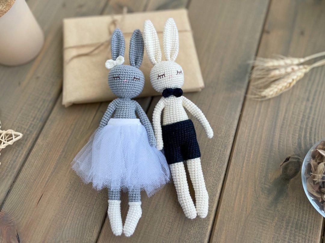 Pair of bunnies.Bunny dolls for kids. Bunny plush. Nursery decor girl and boy. - 玩具/玩偶 - 棉．麻 灰色