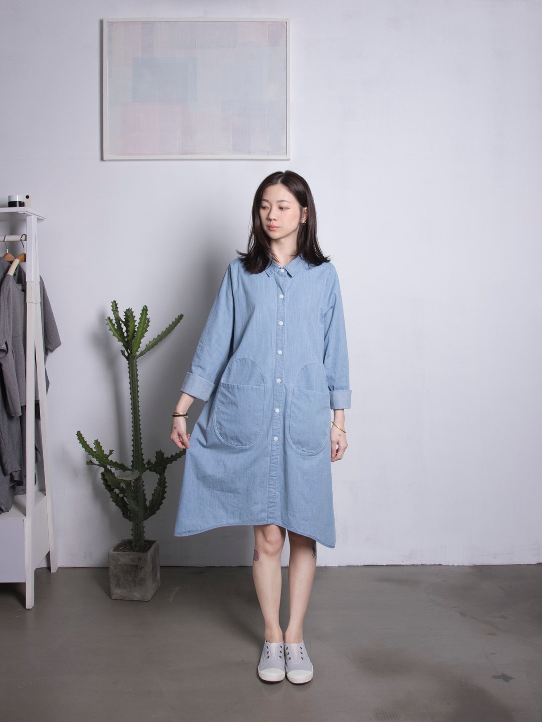 圆口袋衬衫 牛仔 - 女装衬衫 - 棉 蓝色