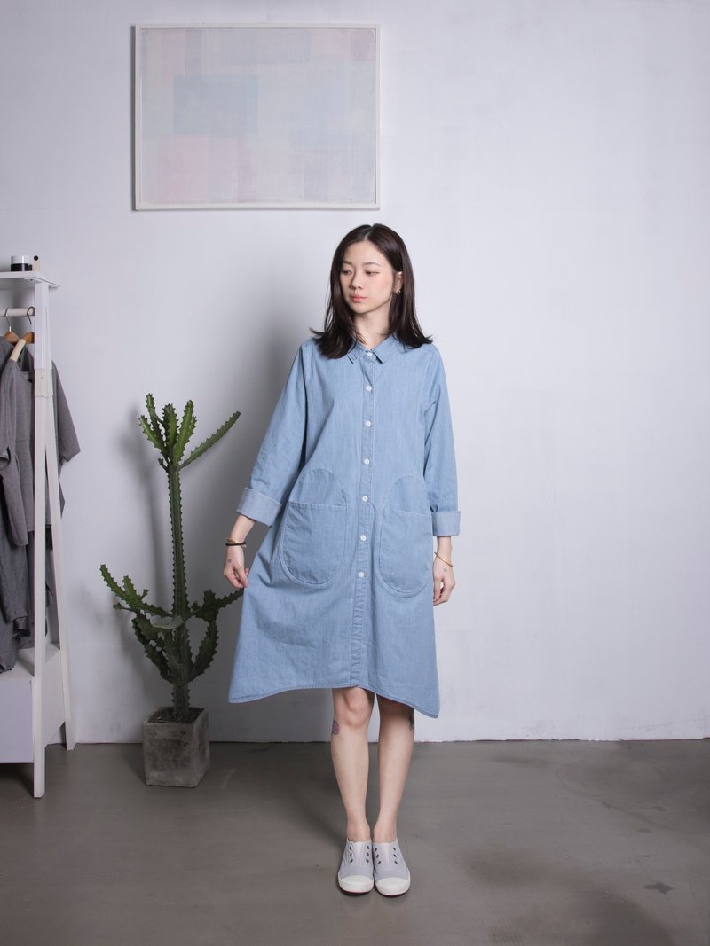 圆口袋衬衫 牛仔 - 女装衬衫 - 棉．麻 蓝色