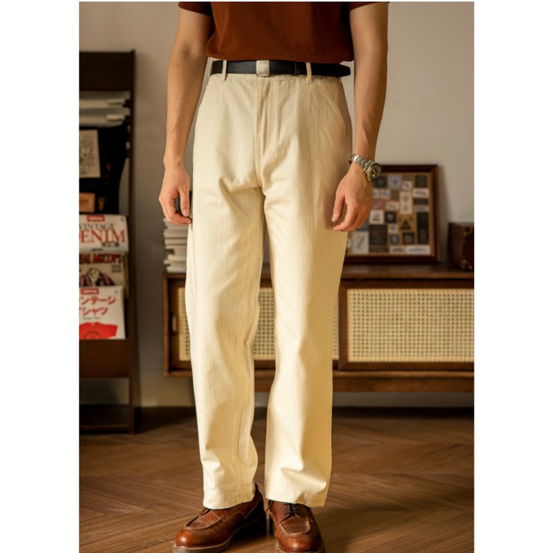 工装裤 画家裤 休闲裤 中高腰宽松直筒 米白色 粗竹节斜纹布料 - 男士长裤 - 棉．麻 白色