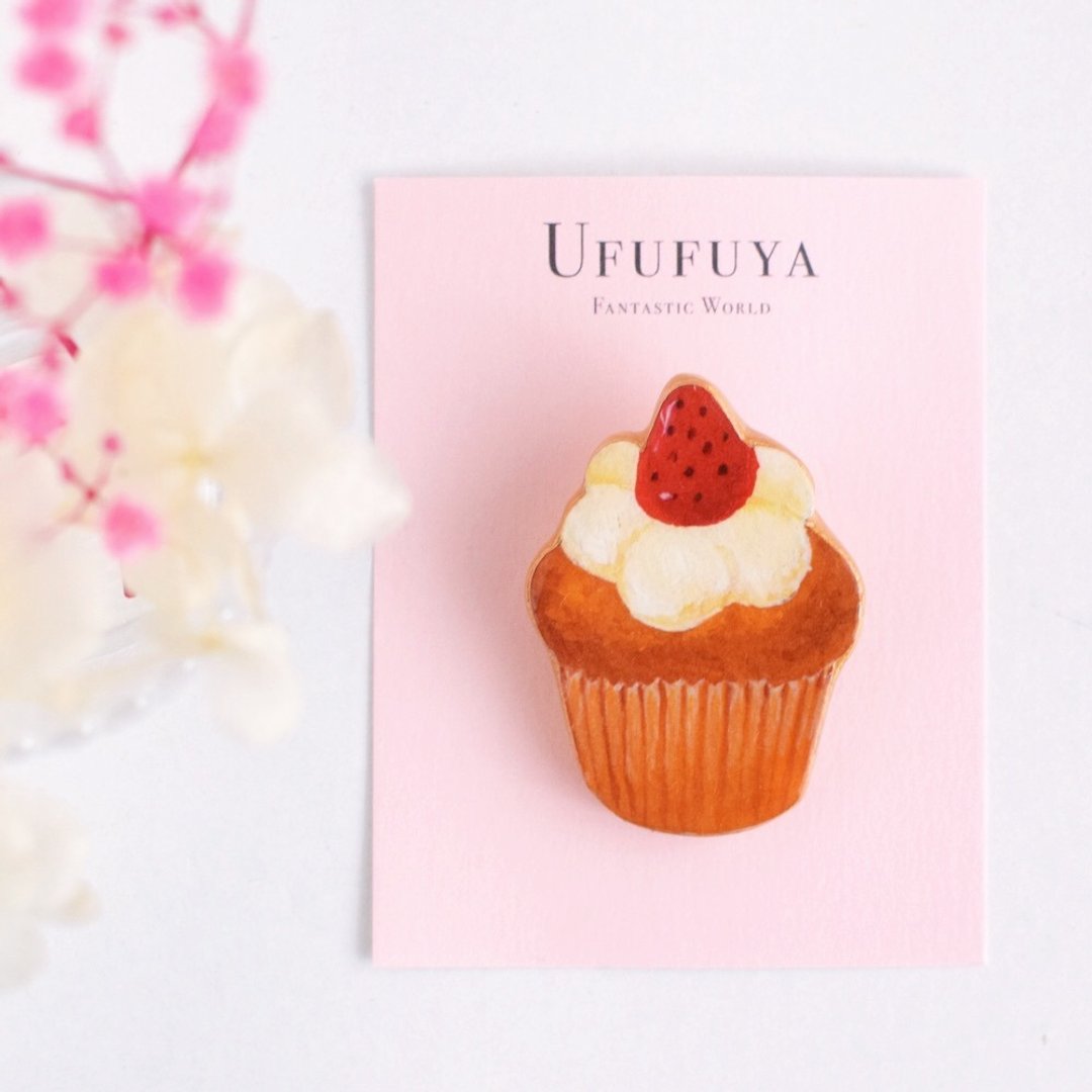 Strawberry Cupcake Brooch Sweets France Ufufuya - 胸针 - 粘土 红色