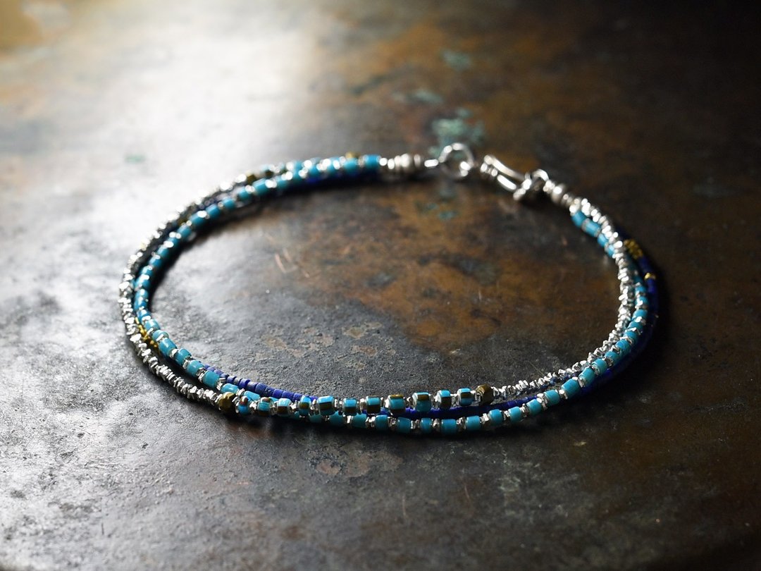 Two types of turquoise blue-white hearts, lapis, and Karen Silver triple anklets - 手链/手环 - 其他金属 蓝色