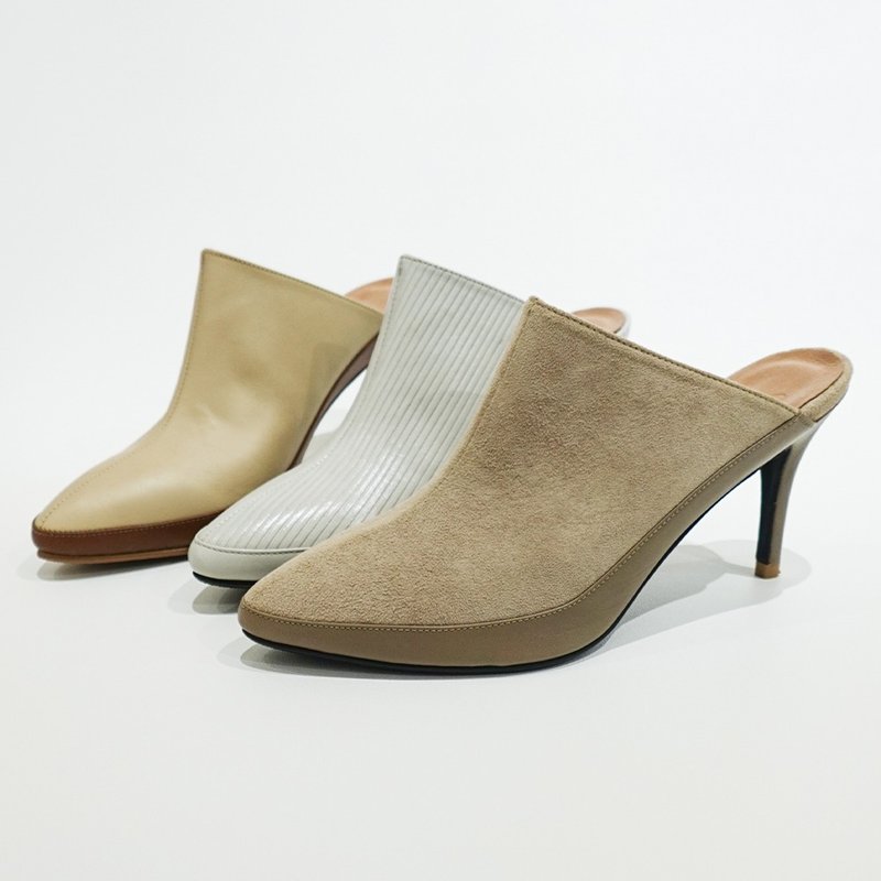 Elizabeth拼接穆勒高跟鞋(三色)MIT款 - 高跟鞋 - 真皮 卡其色