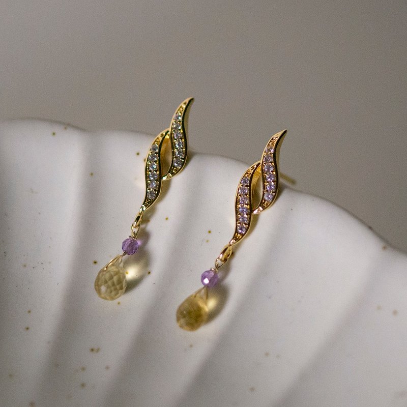 【Veverka】日出时分 - 天然石耳环 紫水晶 黄水晶 可改夹 - 耳环/耳夹 - 半宝石 黄色