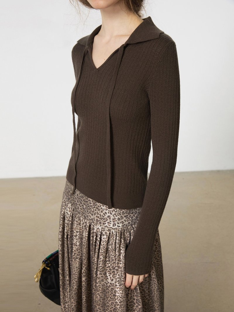 深咖啡 美拉德翻領造型飄帶疊穿針織衫 - 女装针织衫/毛衣 - 羊毛 咖啡色