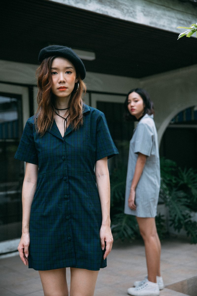 (SIZE M) GREEN TARTAN PLAID NOTCH LAPELS COLLAR BLAZER DRESS WITH BUTTON FRONT - 洋装/连衣裙 - 其他材质 绿色