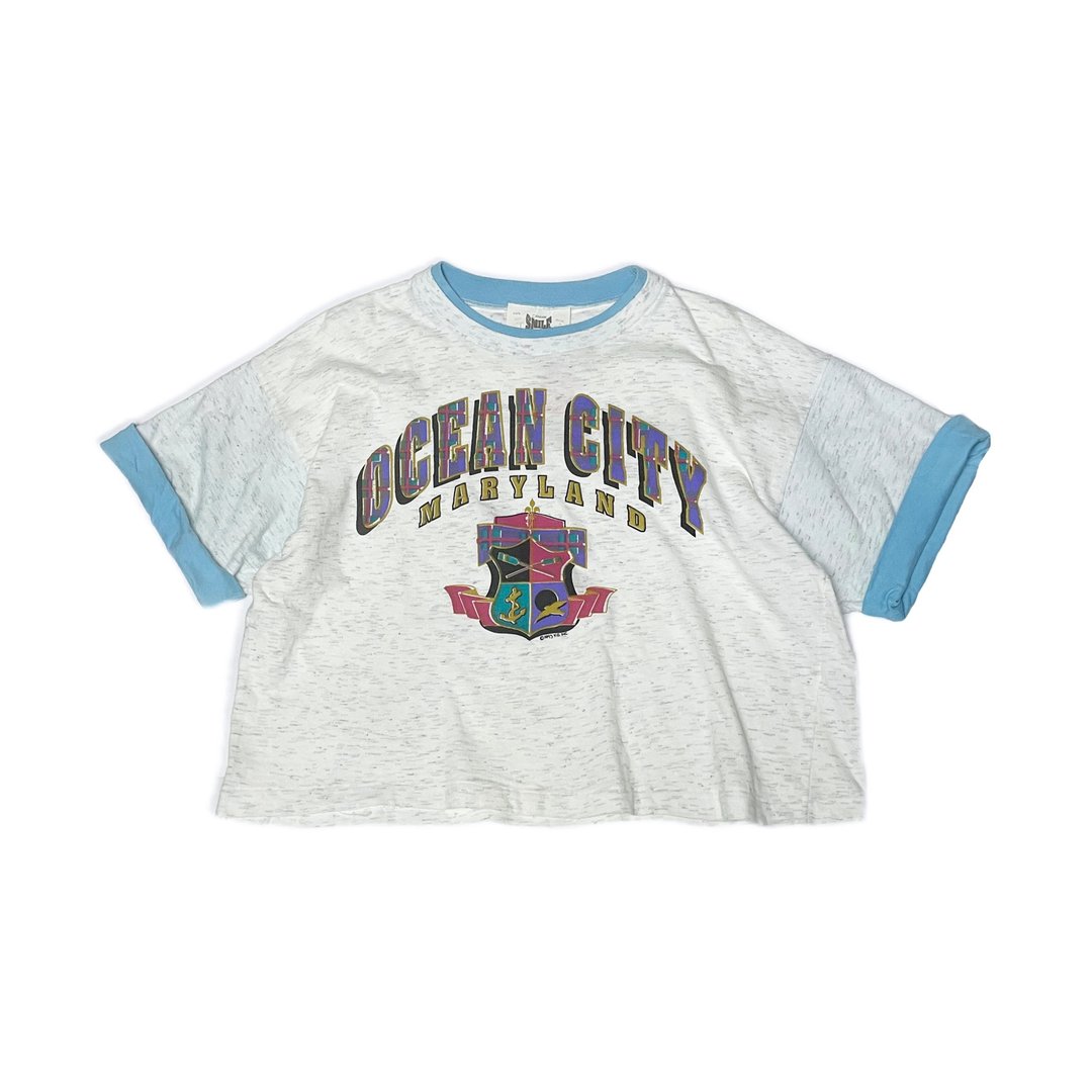 90s 古着两色拼接Ocean City Maryland 短版T-shirt - 男装上衣/T 恤 - 棉 多色