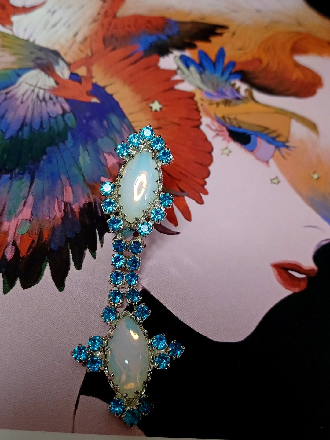 vintage jewelry 古董仿蛋白石莱茵钻夹式耳环 - 耳环/耳夹 - 其他金属 