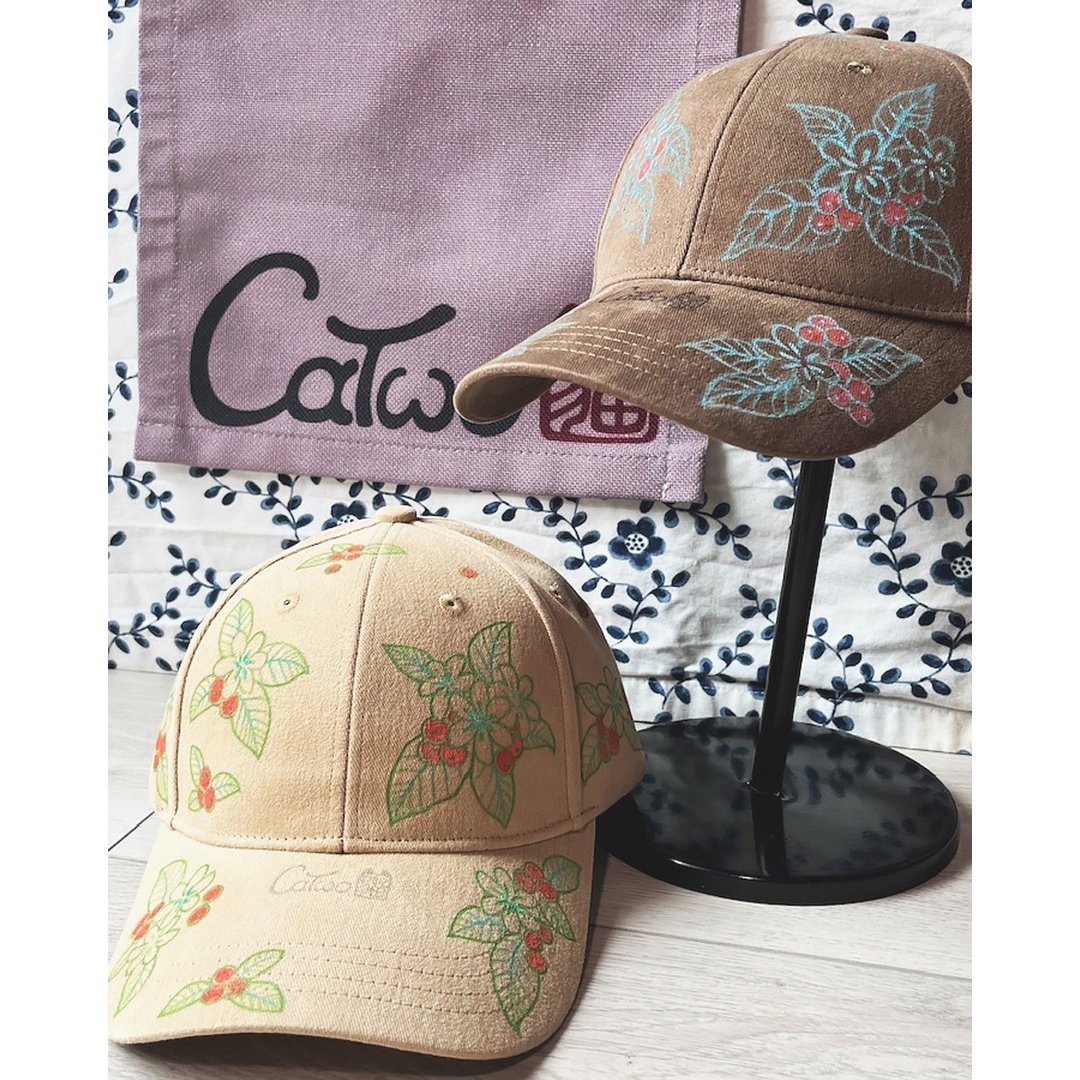 CaTwo 猫 2 | 复古咖啡花系列 手绘帽 鸭舌帽棒球帽老帽 - 两款 - 帽子 - 棉 咖啡色