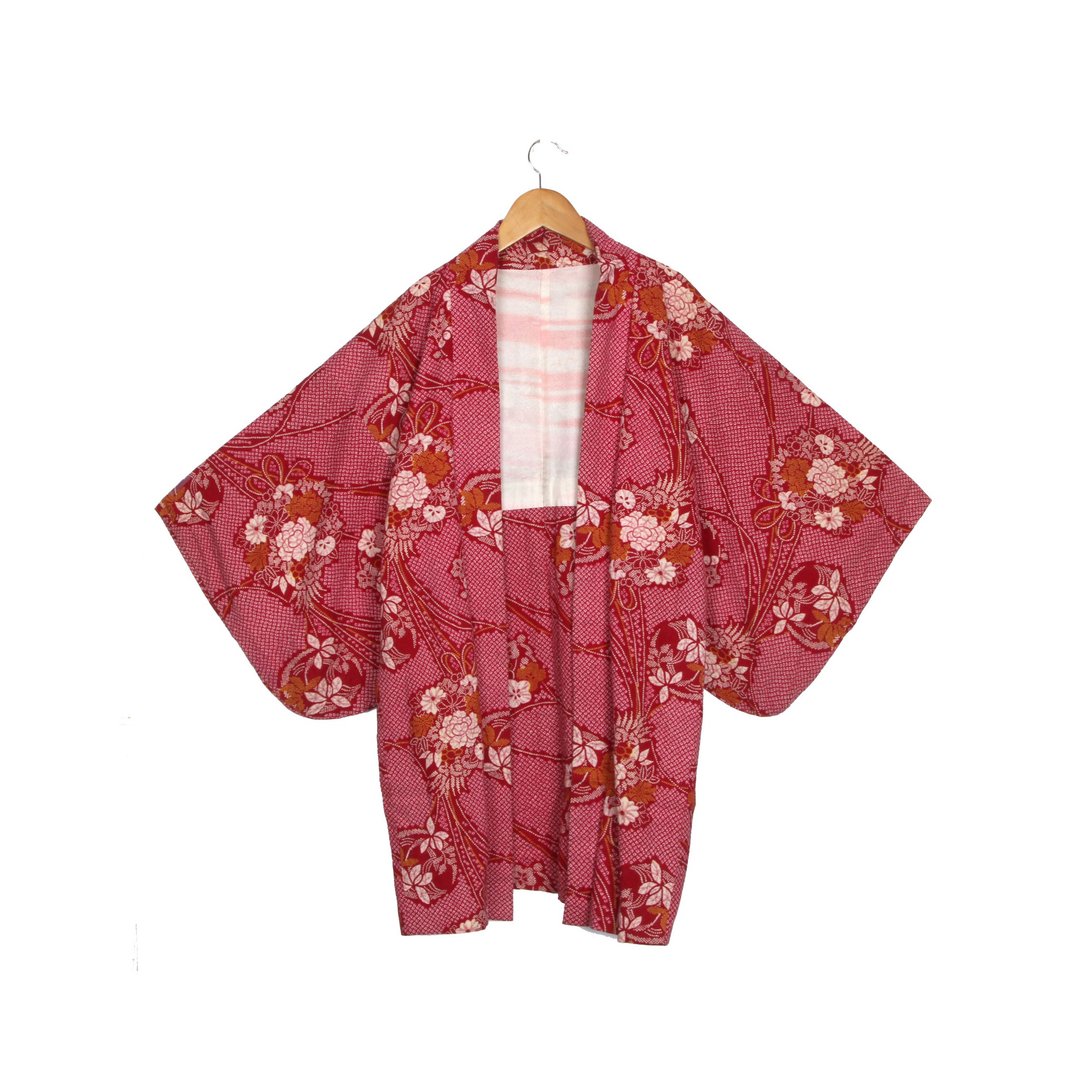 【蛋植物古着】春日花束印花古着和服羽织 - 背带裤/连体裤 - 聚酯纤维 红色