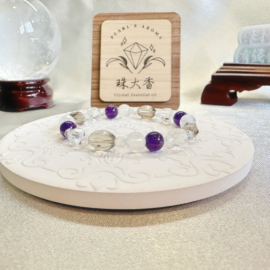 暮雾之光 茶晶・紫水晶・蓝月光・白水晶手链 白露节气设计 - 手链/手环 - 水晶 紫色
