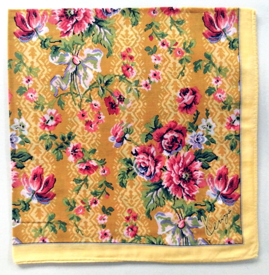 Kenzo Vintage Handkerchief Floral Yellow 21 x 20 inches - 丝巾 - 棉．麻 橘色