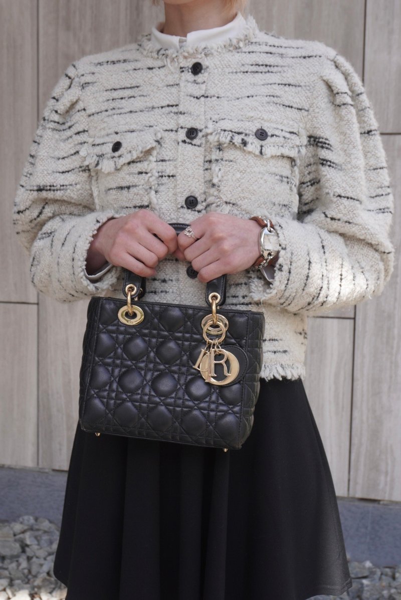 【日本直送 名牌中古包】Christian Dior Cannage 手提包 黑色 Logo 坠饰 皮革 Lady Dior 885e65 - 手提包/手提袋 - 真皮 黑色