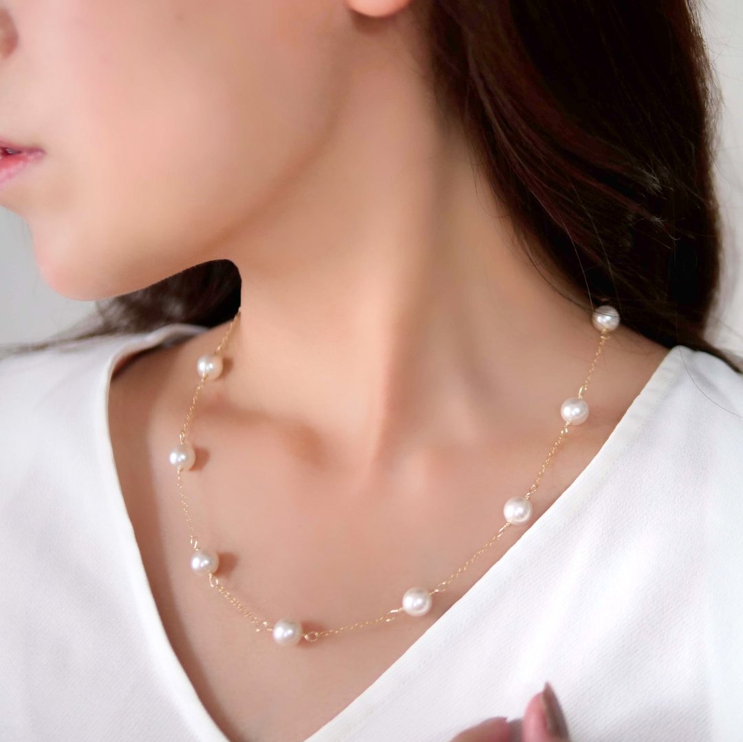 14kgf Swarovski pearl chain necklace - 项链 - 其他金属 白色