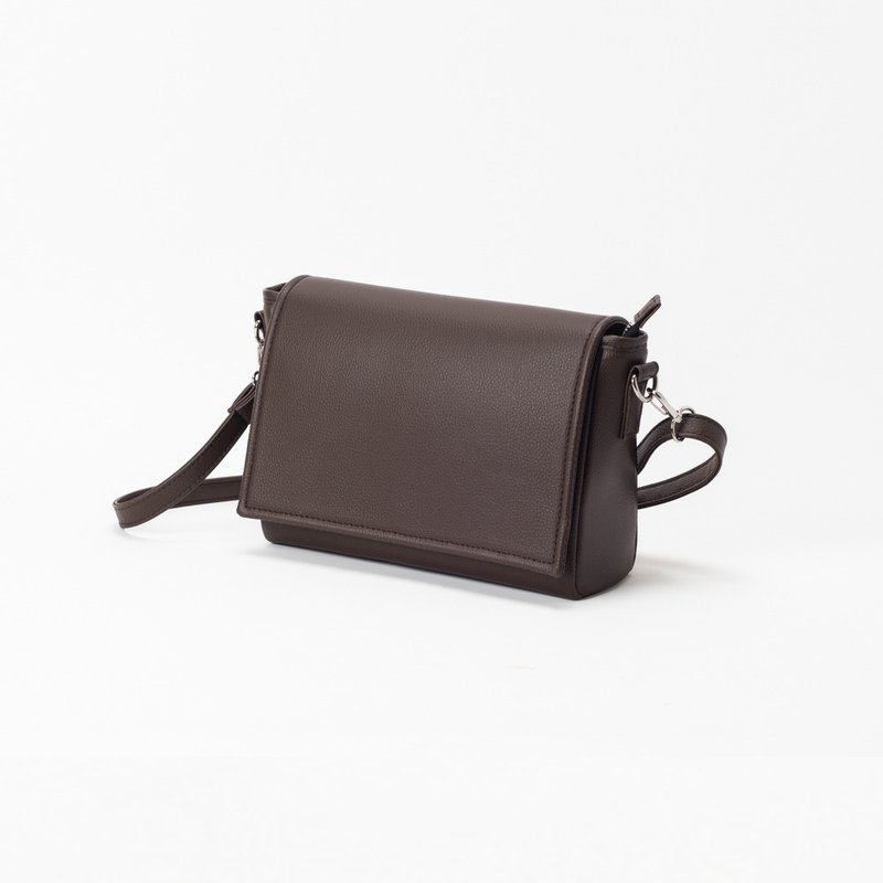 翻盖拉链侧背包 - 深棕 - 侧背包/斜挎包 - 人造皮革 咖啡色