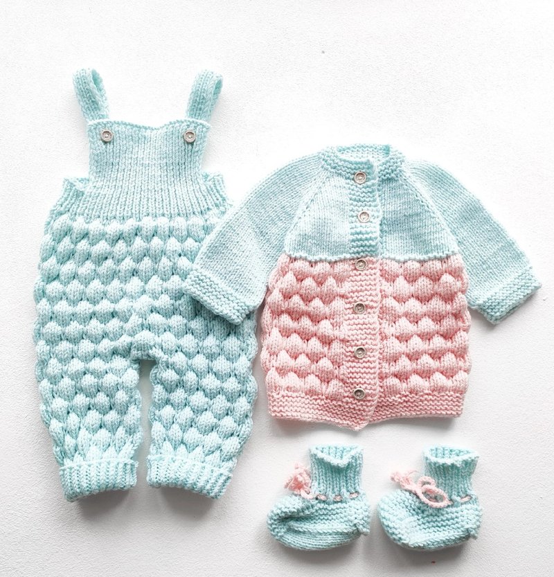 Knitting pattern for baby set, 0-3 months, pdf instruction in English - 包屁衣/连体衣 - 羊毛 粉红色