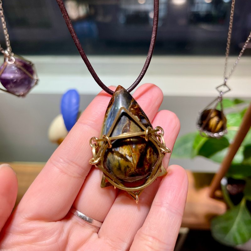 彼得石 蓝啡 项链 铜 皮绳 颈链 水晶颈链 中性 男生 情人节礼物 - 项链 - 铜/黄铜 蓝色