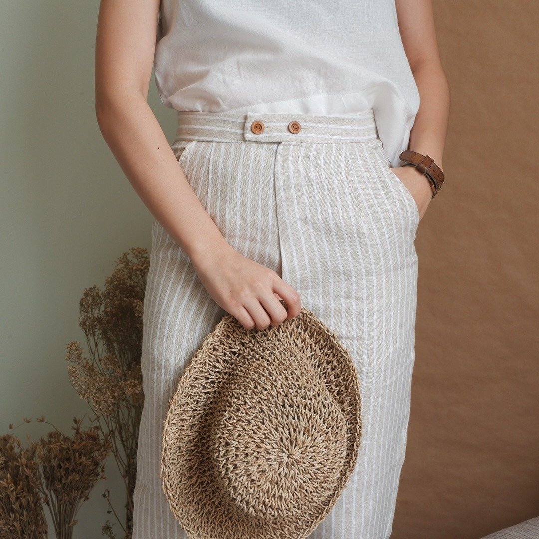 Vintage Linen Pants : White Stripe - 女装长裤 - 棉 卡其色