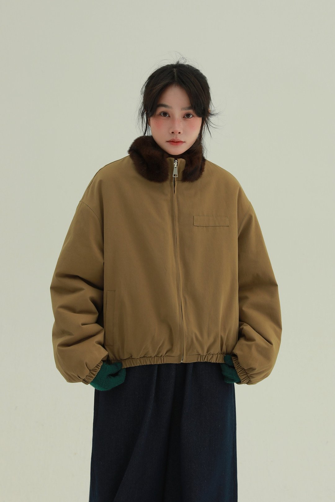 2顏色 麥芒絨絨 立領毛領短款外套 文藝復古冬季加厚保暖外套 - 女装休闲/机能外套 - 棉．麻 咖啡色