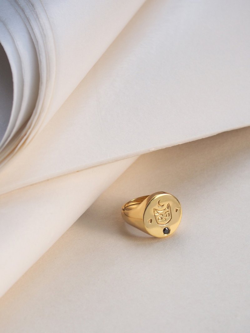 猫脸月亮星星圆形印章戒指，925纯银，猫咪印章戒指。 - 戒指 - 纯银 银色