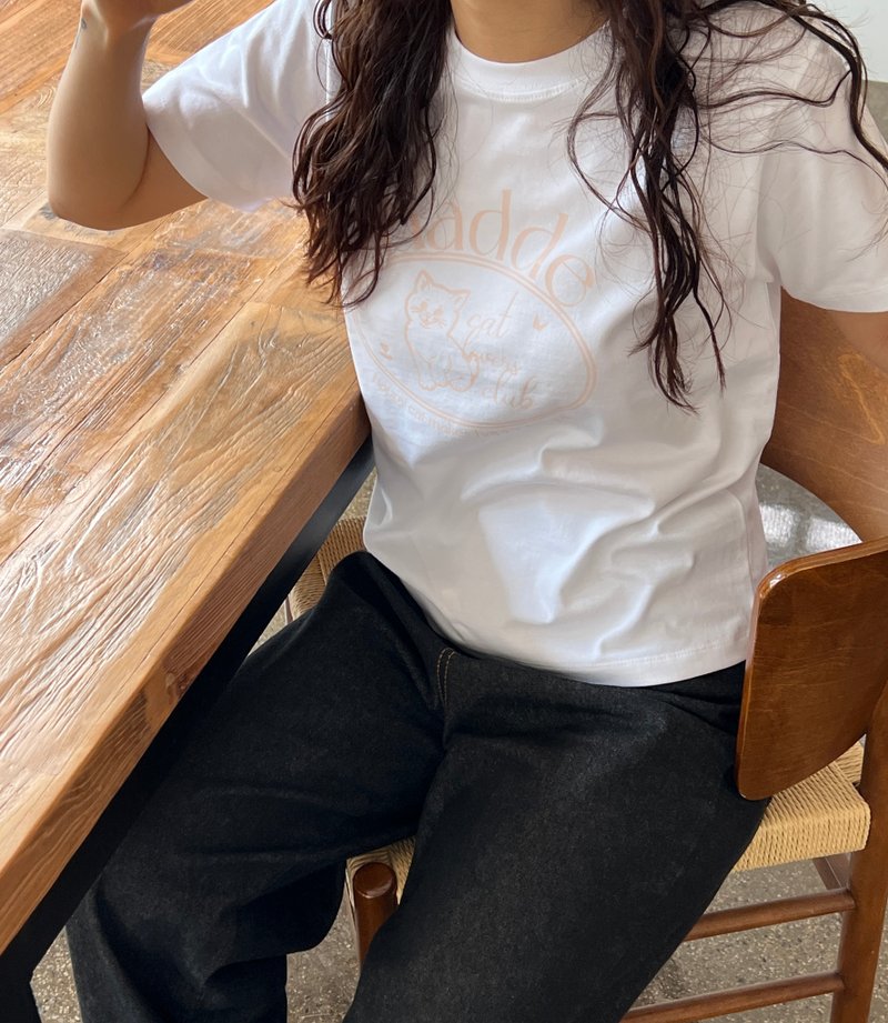 猫咪复古插画粉色印花短版T恤 (3色) - 女装 T 恤 - 棉．麻 