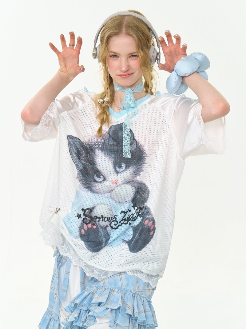 ziziFei夏季美式设计感蕾丝下摆猫咪宽松白色v领运动风短袖t恤女 - 女装 T 恤 - 其他材质 白色