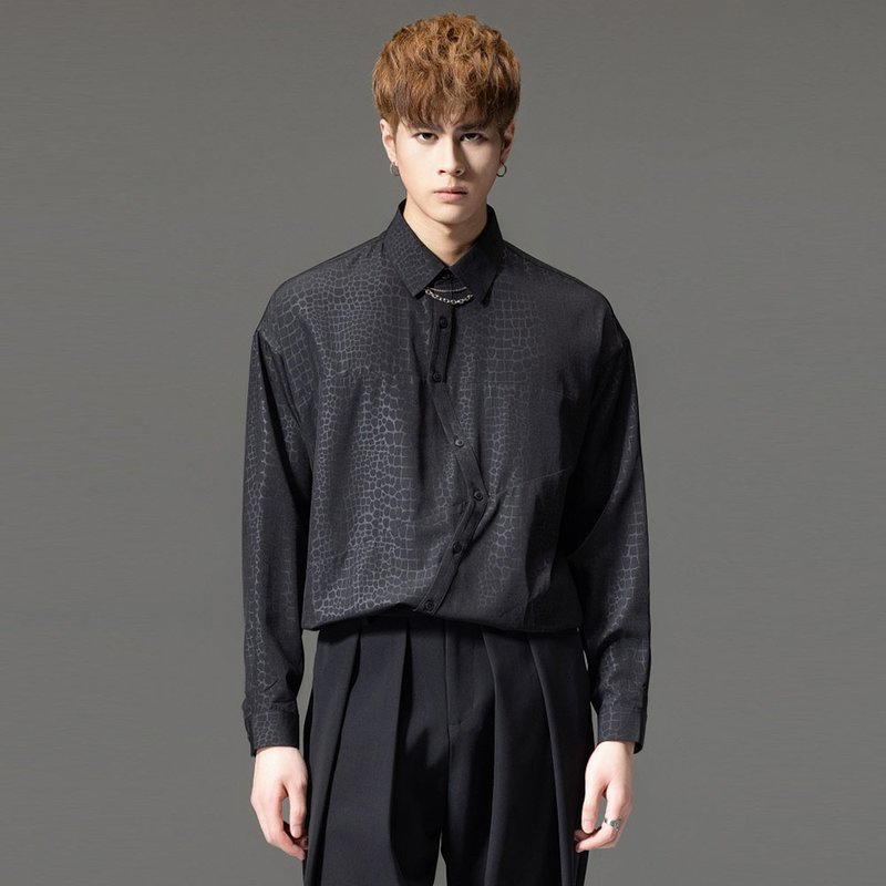 不对称长袖衬衫 裁魂系列暗黑休闲男上衣 - 男装衬衫 - 聚酯纤维 