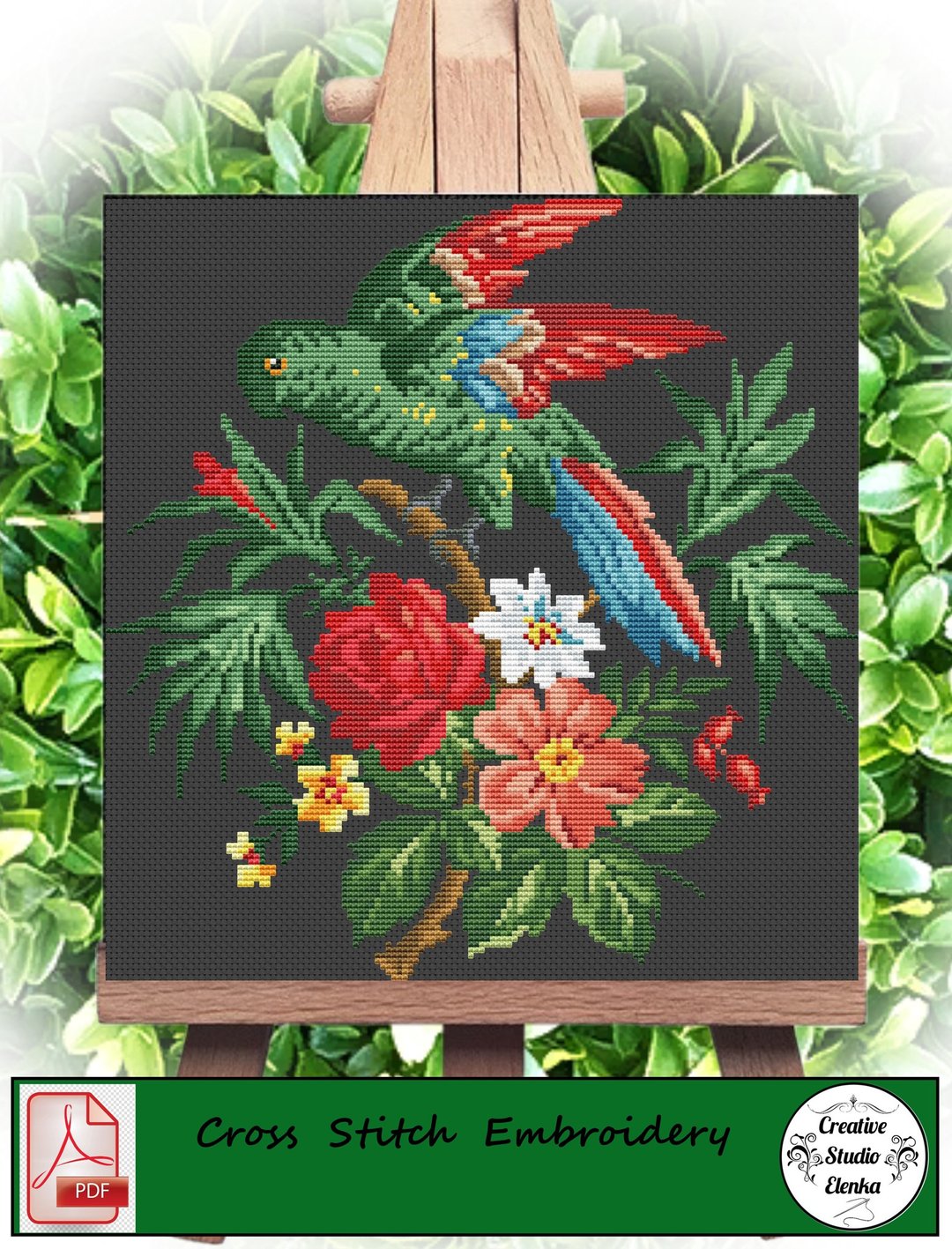 Vintage Cross Stitch Scheme Green parrot 3 - PDF Embroidery Scheme - 编织/刺绣/羊毛毡/裁缝 - 其他材质 