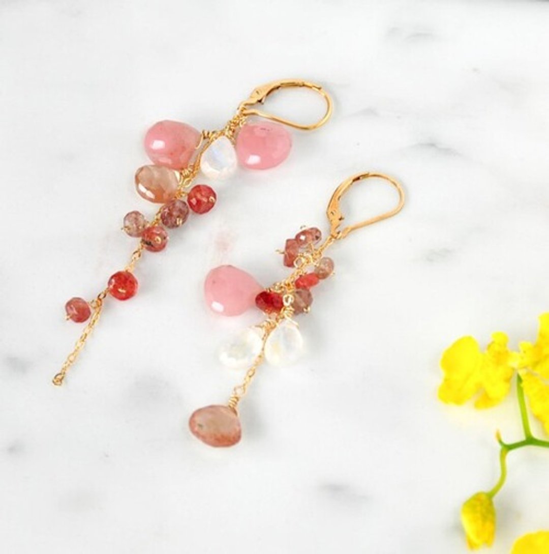 14kgf/Autumn pink guava quartz &amp; andesine earrings - 耳环/耳夹 - 宝石 